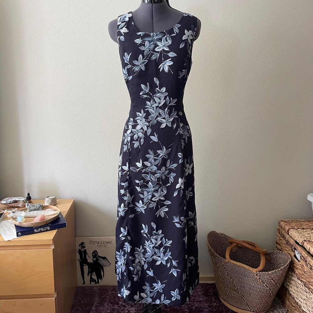 90s vintage navy blue floral maxi dress boho whimsigoth